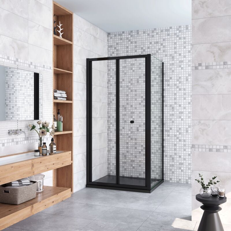 foto del prodotto 185cm box doccia angolare porta a soffietto con parete fissa 70x80cm in vetro temperato trasparente 5 mm profilo nero opaco