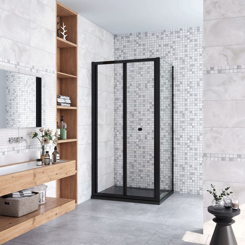 foto del prodotto 185cm box doccia angolare porta a soffietto con parete fissa 90x80cm in vetro temperato trasparente 5 mm profilo nero opaco
