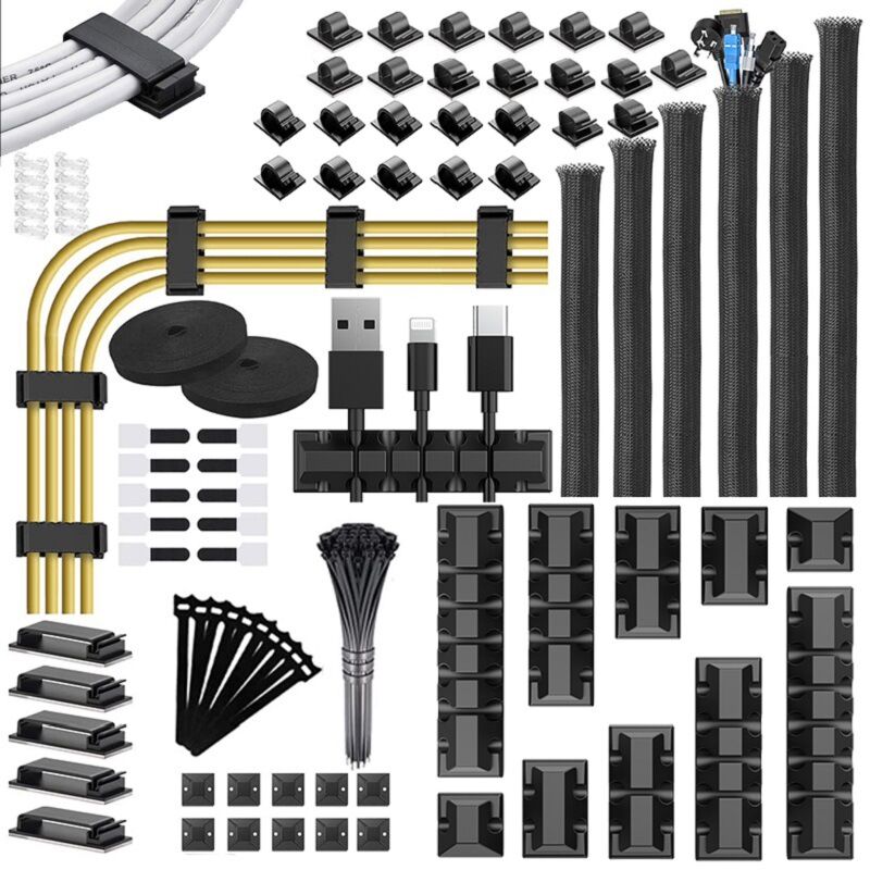 foto del prodotto 188 kit di gestione cavi, 6 guaine per cavi, 50 fascette adesive, 100 clip per cavi, 10 fascette base, 20 2 clip per cavi, organizer per prolunga