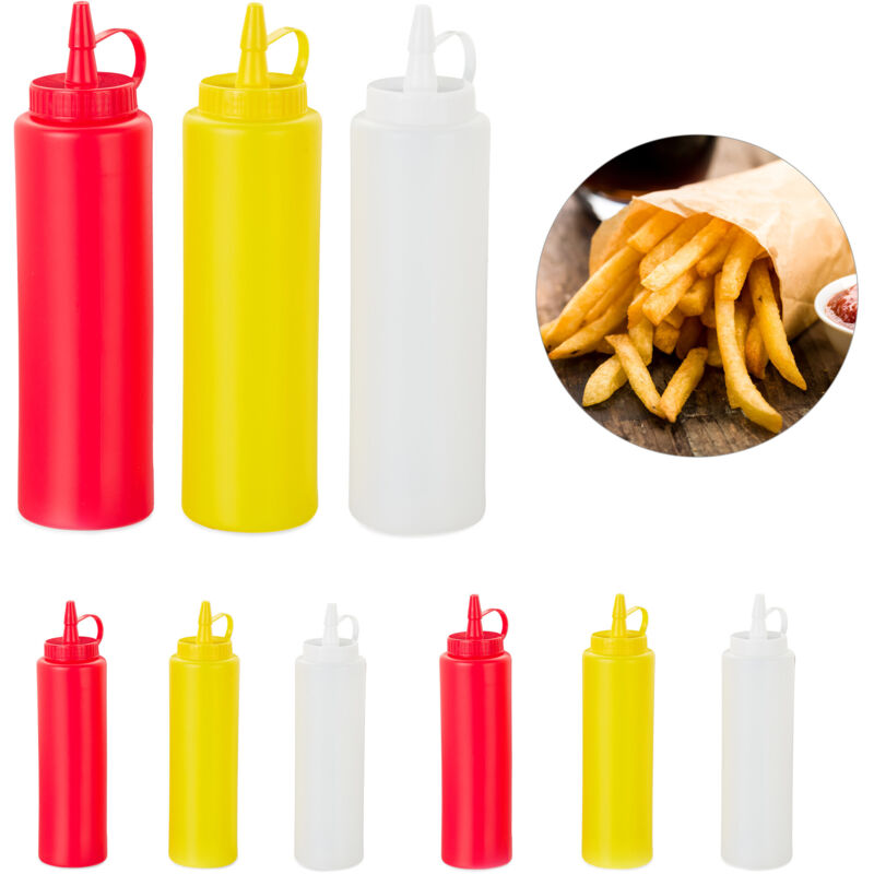 foto del prodotto 18x bottiglia per condimenti, squeeze bottle, da riempire, senape, ristorante, 400 ml, rosso giallo bianco
