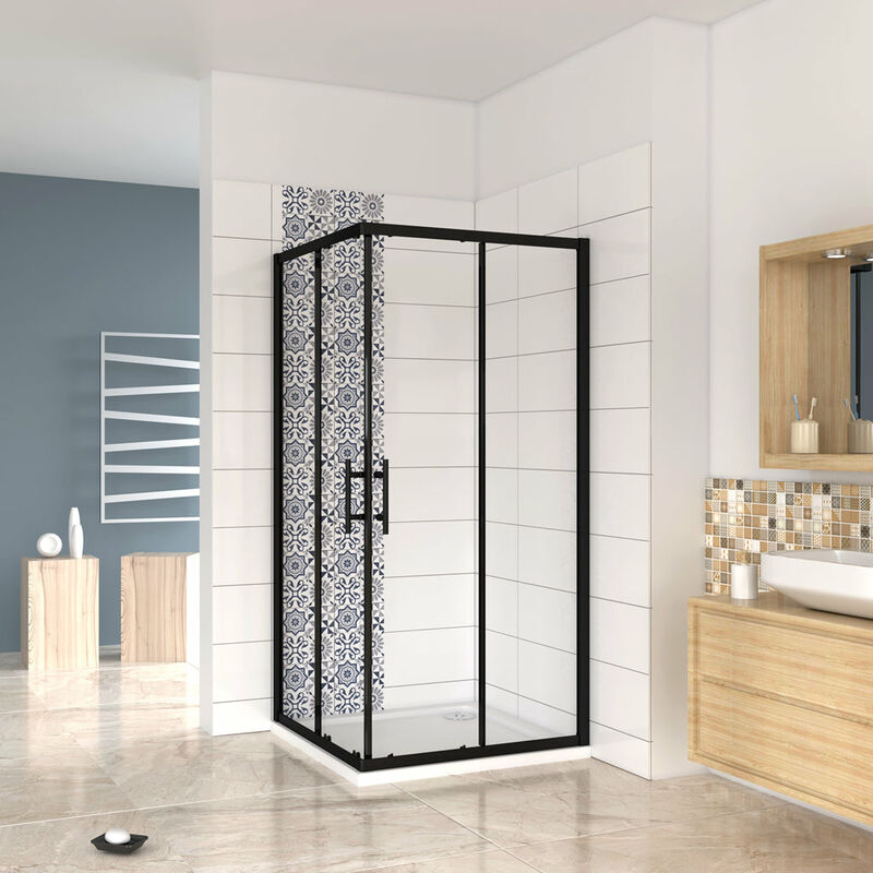 foto del prodotto 190 cm box doccia angoalre porte scorrevoli vetro temperato 6 mm trasparente anticalcare telaio nero opcao 100x80 cm