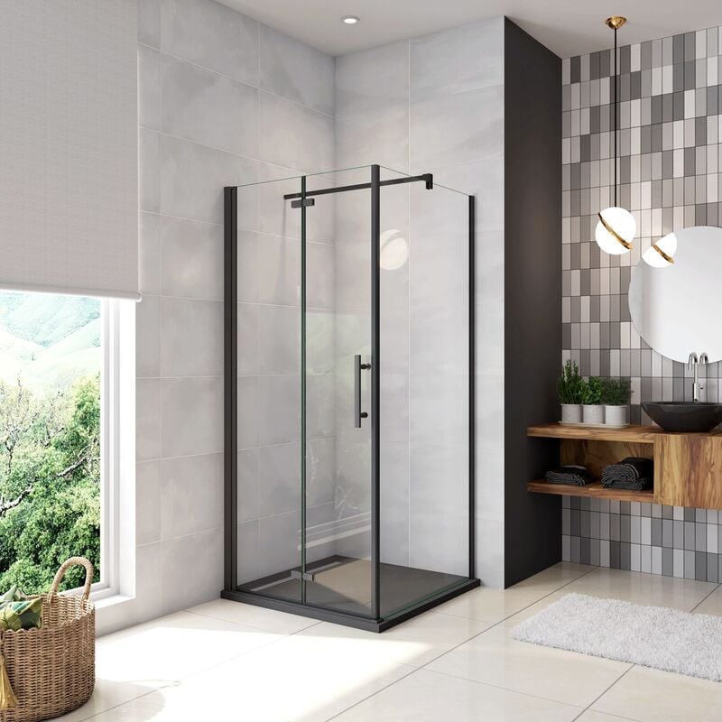 foto del prodotto 190cm box doccia angolare porta battente pieghevole con parete fissa 80x70cm in vetro temperato 5 mm anticalcare barra da 90 cm nera opaca piatto