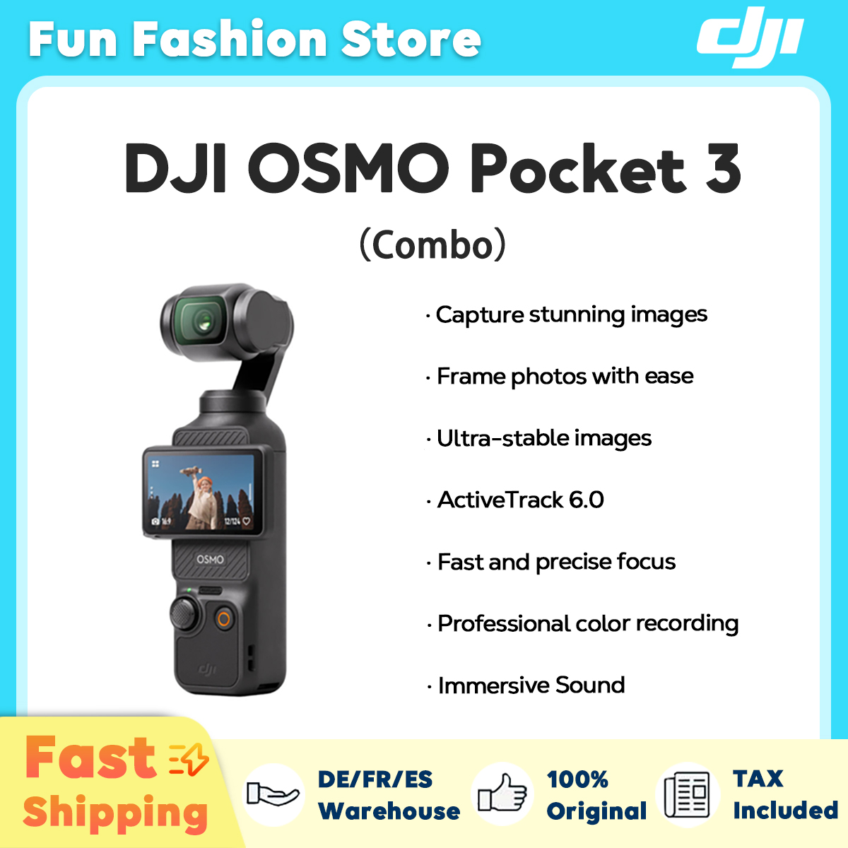 foto del prodotto 1948 eu ship dji osmo pocket 3 combo activetack 6.0 stabilizzazione a 3 assi 10-bit d-log m colorosmo pocket 3