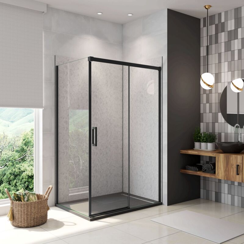 foto del prodotto 195 cm box doccia angolare 120x70 cm porta scorrevole con parete fissa vetro 8 mm temperato anticalcare trasparente profilo nero opaco softclose