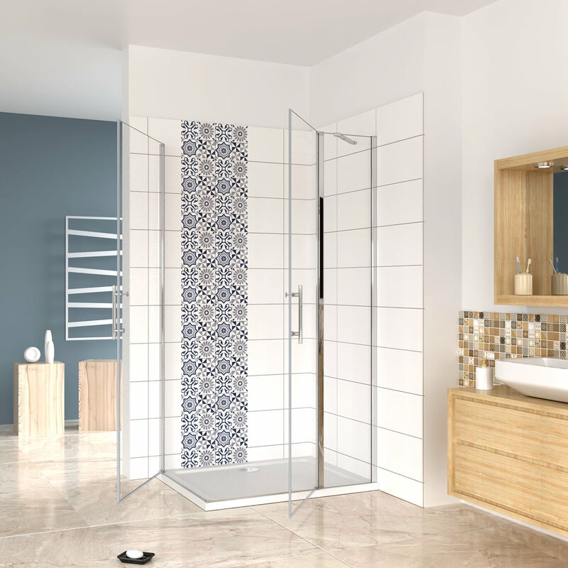 foto del prodotto 195 cm box doccia angolare doppia porta battente 70x80 cm in vetro 6 mm temperato anticalcare trasparente barra stabilizzatrice e telaio cromo lucido
