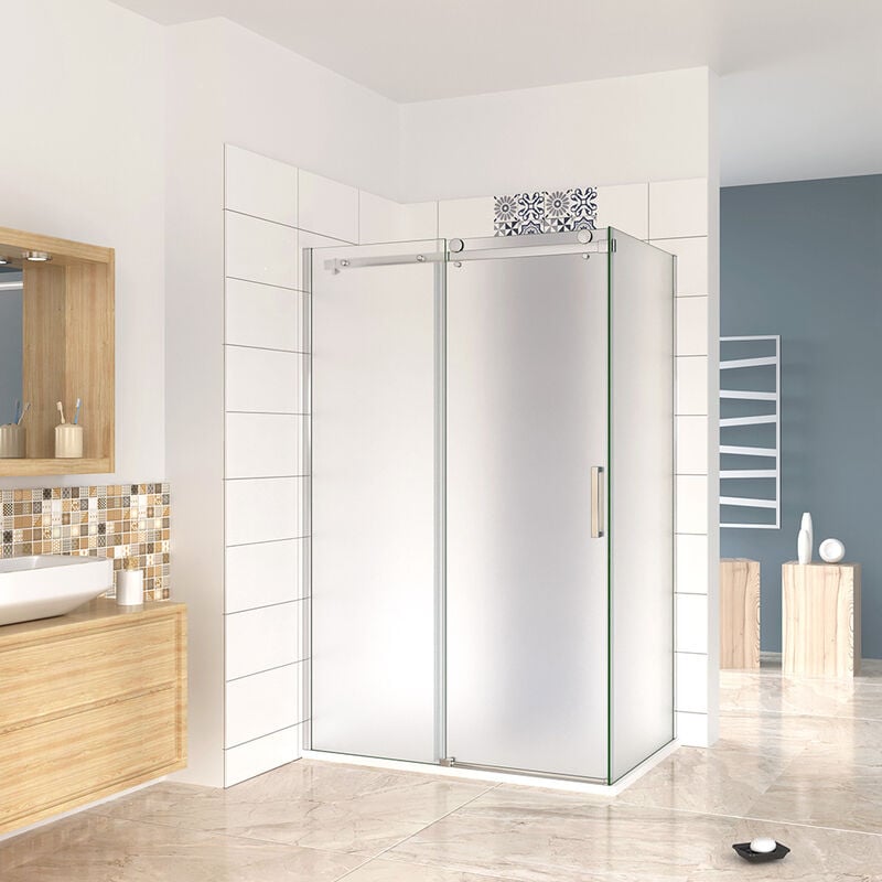 foto del prodotto 195 cm box doccia angolare porta scorrevole 140 cm ingresso destro con parete fissa 80 cm in vetro da 8 mm temperato satinato cromo lucido