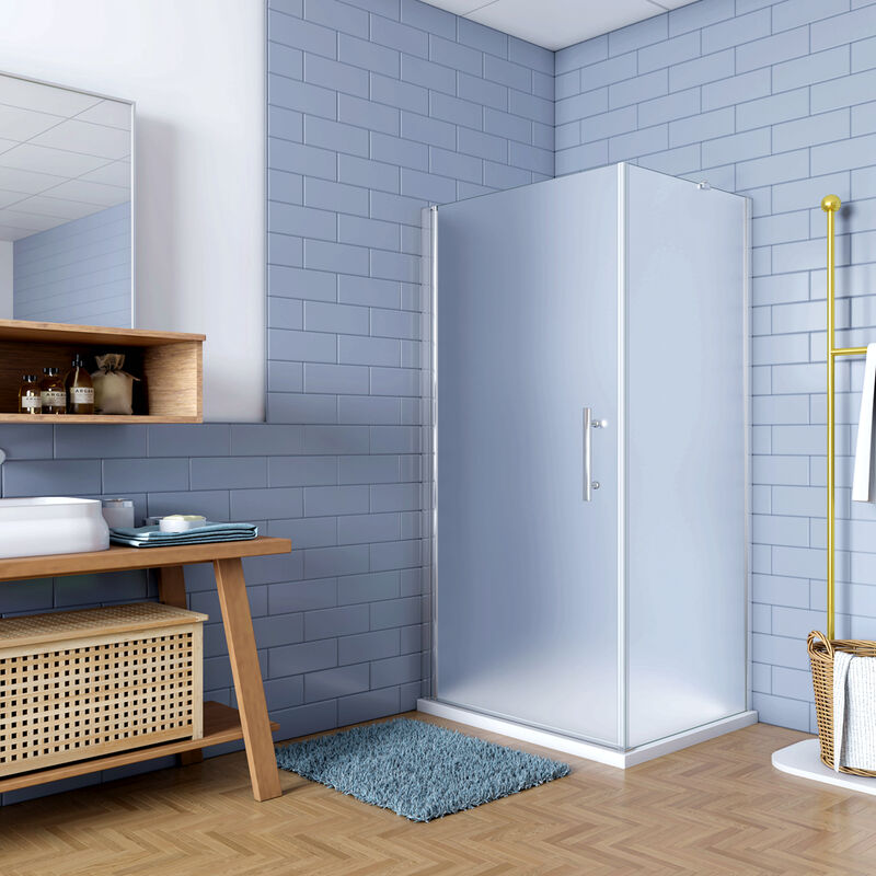 foto del prodotto 195cm box doccia angolare porta battente con parete fissa 80x70cm in vetro temperato satinato opaco 6 mm anticalcare telaio cromo lucido montaggio