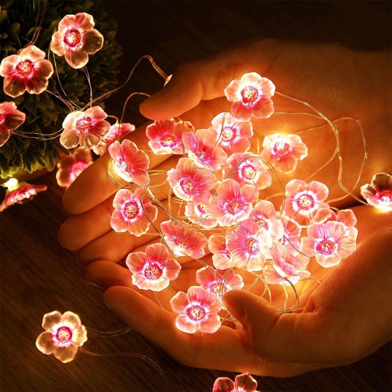 foto del prodotto 1m 10pz luci led a forma di fiore di ciliegio rosa luci di natale alimentate tramite usb con telecomando 8 modalit funzione lampeggiante per la