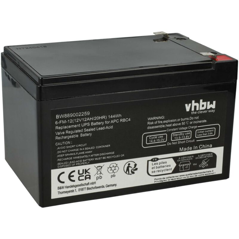 foto del prodotto 1x batteria compatibile con apc suvs650i, bp650si, sc620, suvs650, su620net, smart ups, bp650sus, su620inet, sc620i ups 12ah, 12v, agm vhbw