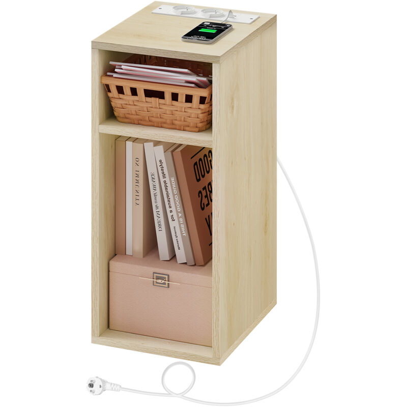 foto del prodotto 1x comodino con prese di ricarica, 2 porte usb, 2 prese, 2 scomparti aperti, tavolino portaoggetti, rovere chiaro woltu