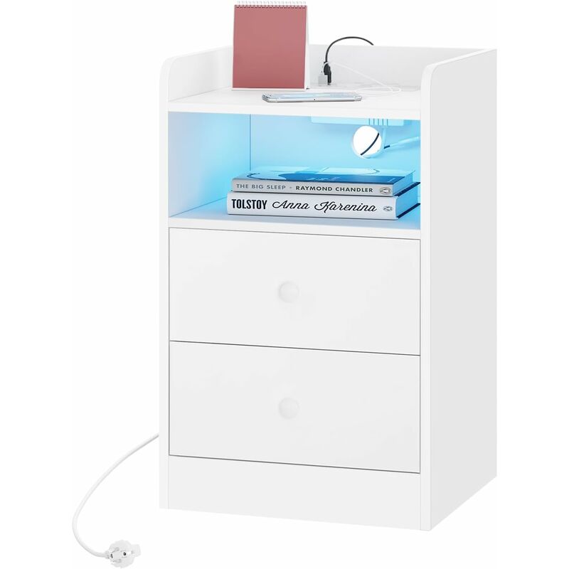 foto del prodotto 1x comodino moderno per camera da letto, con prese, porte usb e luci a led, tavolino con 1 piano, 1 scomparto e 2 cassetti bianco woltu