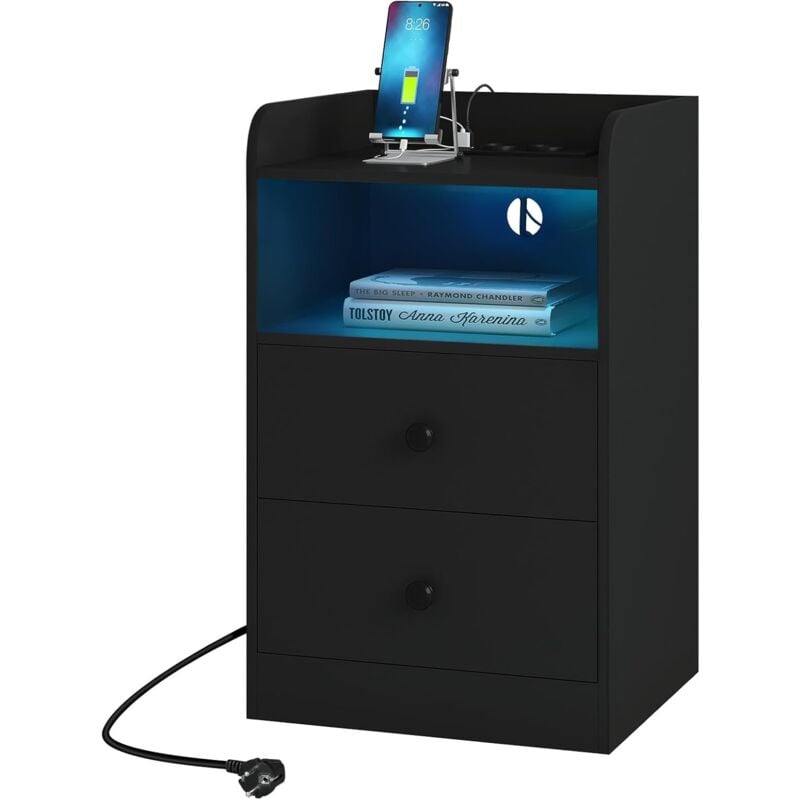 foto del prodotto 1x comodino moderno per camera da letto, con prese, porte usb e luci a led, tavolino con 1 piano, 1 scomparto e 2 cassetti nero woltu