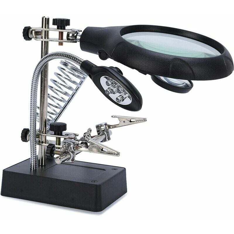 foto del prodotto 2,5x 7,5x 10x lente d ingrandimento con supporto 5 led saldatore multifunzionale terza mano per ingegnere elettronico orologiaio riparazione di