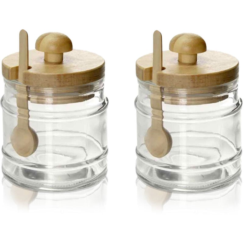 foto del prodotto 2 barattoli da cucina in vetro con cucchiaio e tappo in legno 8x11cm capienza 300 ml