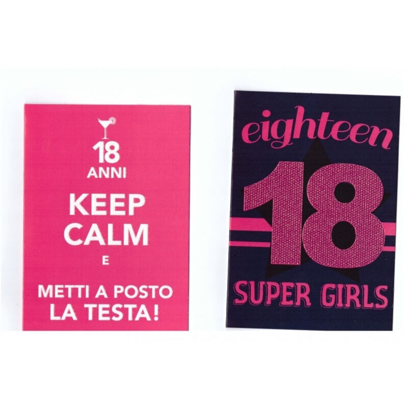 foto del prodotto 2 biglietti auguri compleanno 18 anni fucsia con busta keep calm super girl trade shop traesio