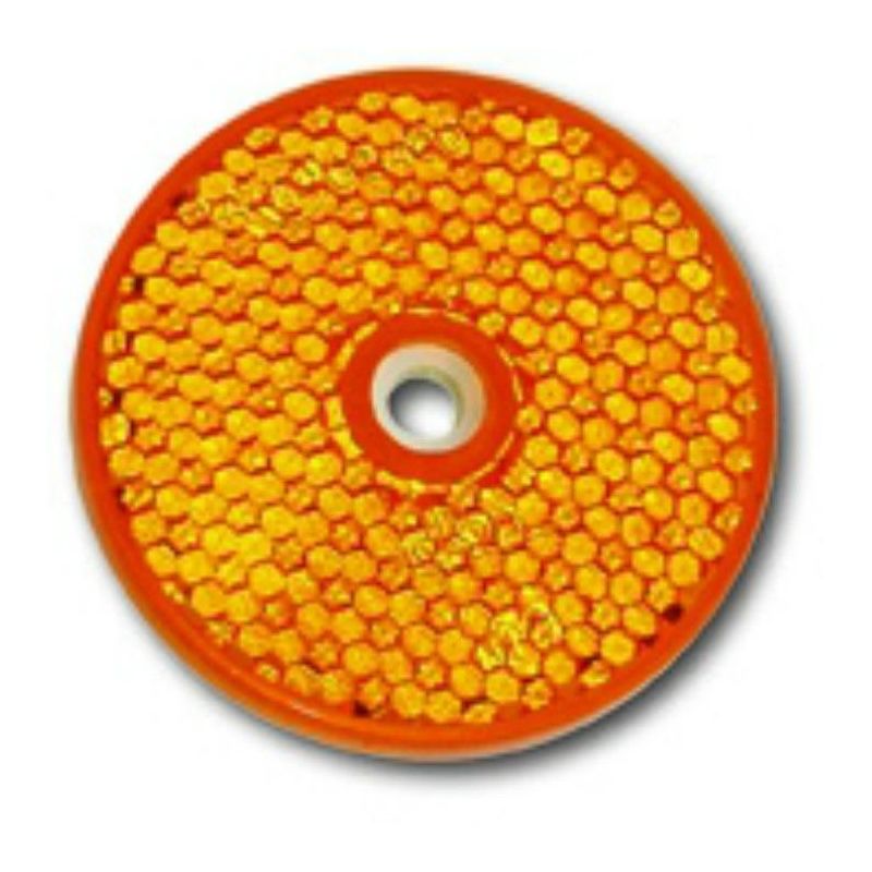 foto del prodotto 2 catadiottri adesivi catarifrangenti a cerchio con senza foro al centro in 3 colori colore arancione, modello adesivo con foro vite al centro