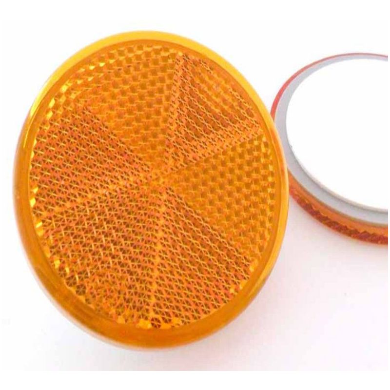 foto del prodotto 2 catadiottri adesivi catarifrangenti a cerchio con senza foro al centro in 3 colori colore arancione, modello adesivo senza foro