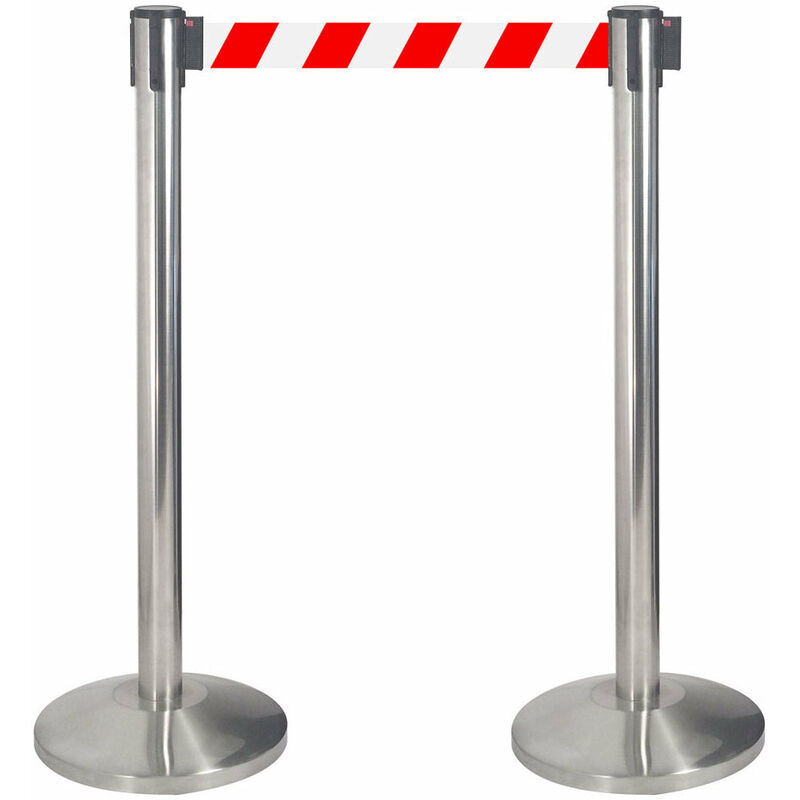 foto del prodotto 2 colonnine tendinastro 3 metri in acciaio inox spazzolato 36x101 cm nastro bianco rosso