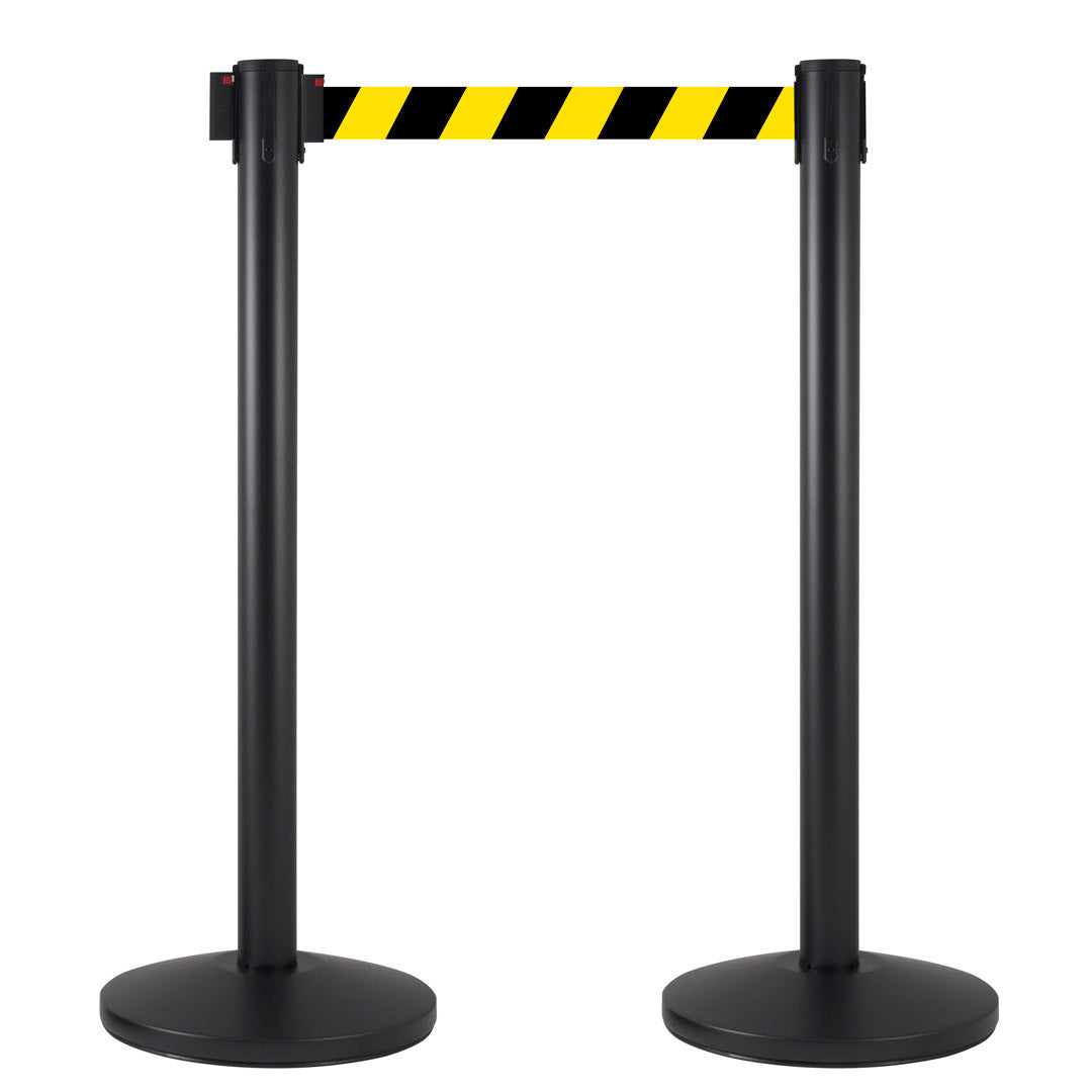 foto del prodotto 2 colonnine tendinastro 3 metri in metallo nero opaco 36x101 cm nastro giallo nero