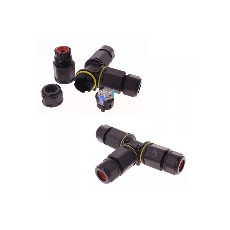 foto del prodotto 2 connettori veloce ip68 forma t 3 posti per cavo elettrico 6 12mm 125x80x30mm