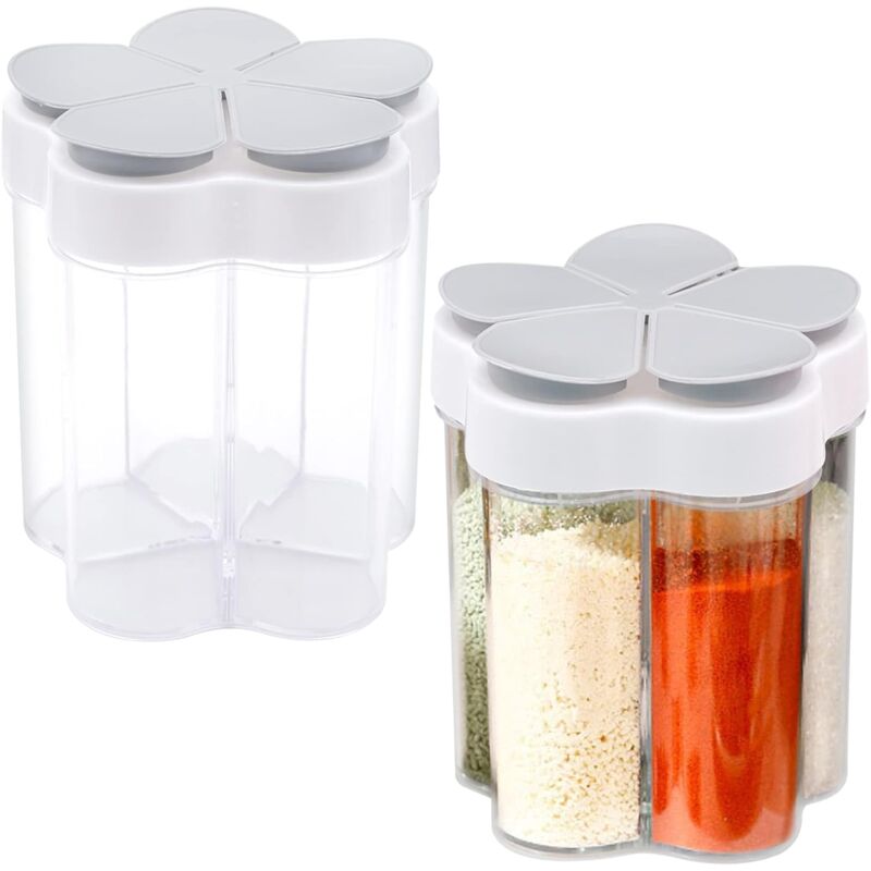 foto del prodotto 2 contenitori trasparenti per spezie in plastica 5 in 1 con 5 scomparti per spezie, erbe aromatiche, sale, pepe, barbecue, picnic, viaggi, campeggio,