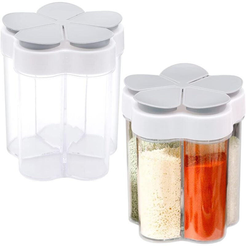 foto del prodotto 2 contenitori trasparenti per spezie in plastica 5 in 1 con 5 scomparti per spezie, erbe aromatiche, sale, pepe, barbecue, picnic, viaggi, campeggio,
