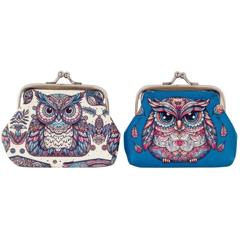 foto del prodotto 2 diversi portamonete con gufo portamonete etnico blu con design a forma di gufo e chiusura con cerniera