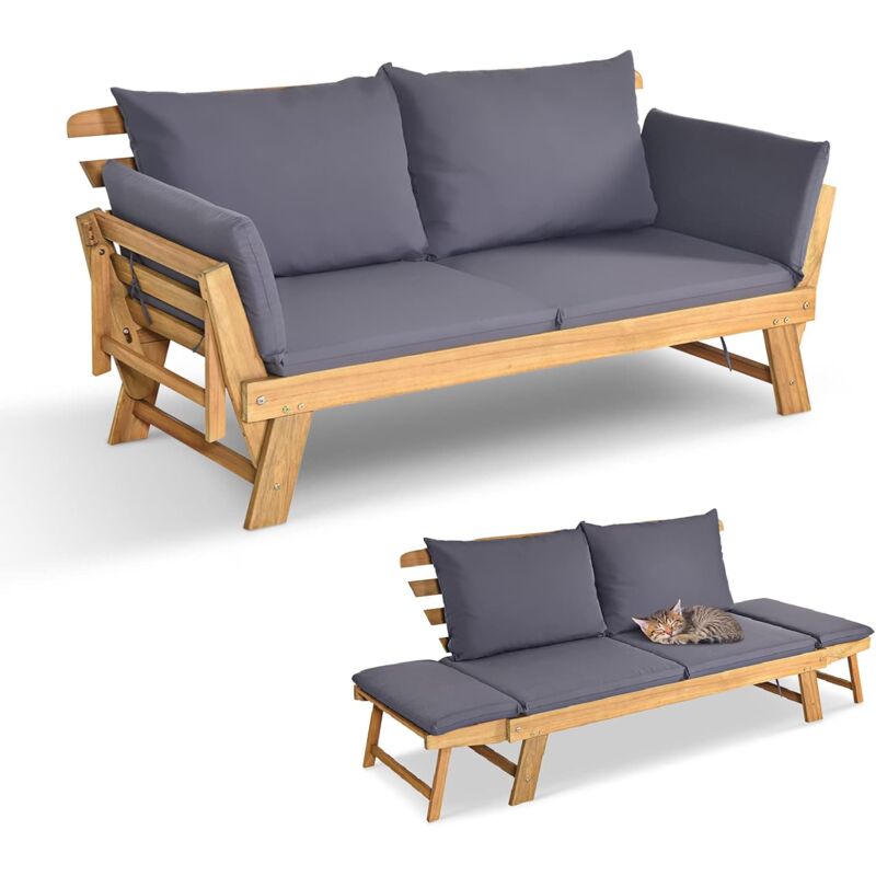 foto del prodotto 2 en 1 chaise longue convertible en bois d acacia certifi fsc avec coussin, avec accoudoir r glable, m ridienne ext rieure, 198 x 75 x 75 cm, gris