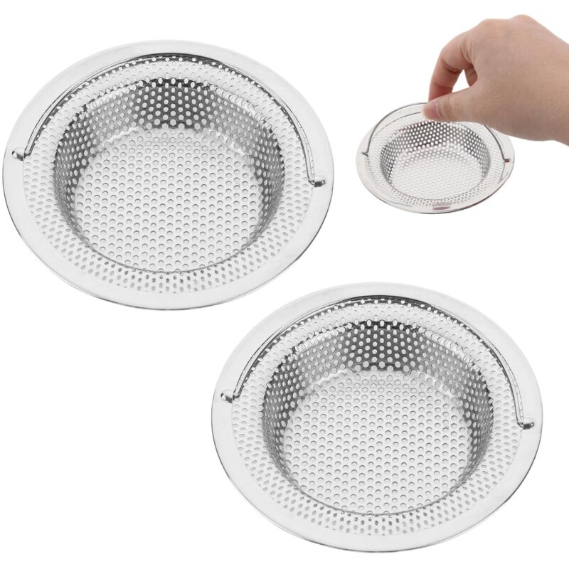 foto del prodotto 2 filtri per lavello da cucina in acciaio inox diametro esterno 11 cm x altezza 2 cm anti intasamento, resistente alla ruggine, maniglia