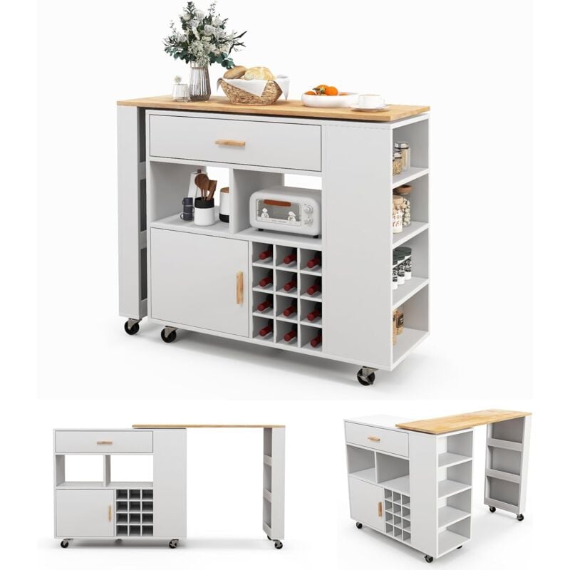 foto del prodotto 2 in 1 carrello da cucina, carrello di servizio reversibile con piano in legno di gomma, ripiano regolabile porta calici per 12 bottiglie, 120x40x100