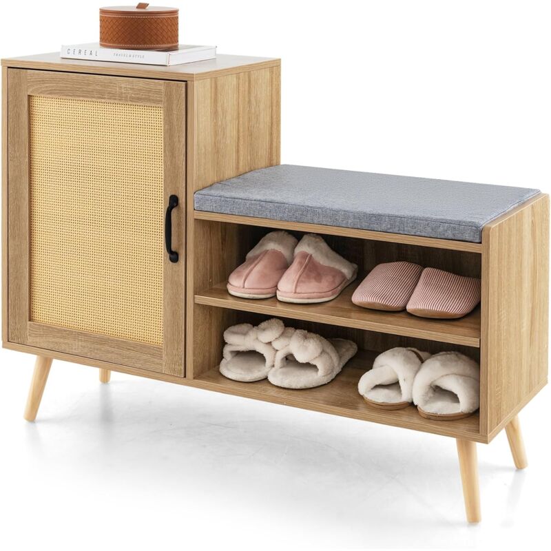 foto del prodotto 2 in 1 scarpiera con panchina, panca con scarpiera in rattan, con 3 ripiani regolabili gambe in legno di pino e cuscino, carico 160kg, 105x35x76 cm