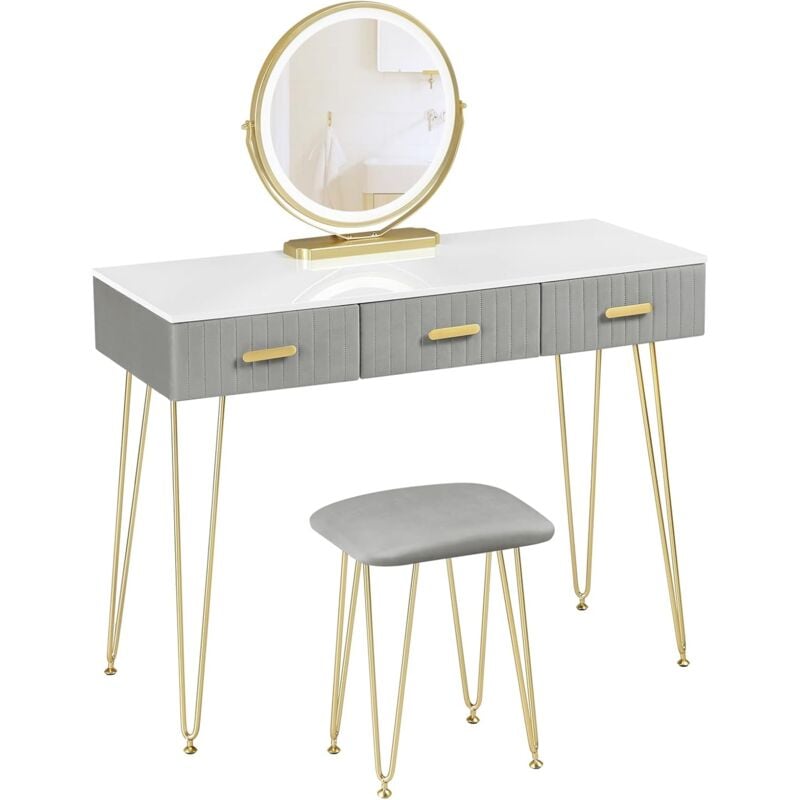 foto del prodotto 2 in 1 toeletta trucco con sgabello, postazione trucco con specchio led girevole a 360 rimovibile, 3 cassetti, bianco grigio woltu