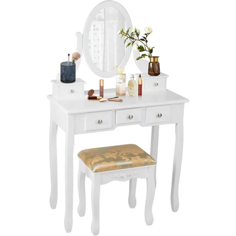 foto del prodotto 2 in 1 toeletta trucco in legno massello, tavolo da trucco con sgabello imbottito e 5 cassetti, specchiera girevole a 360 , ideale per camera da