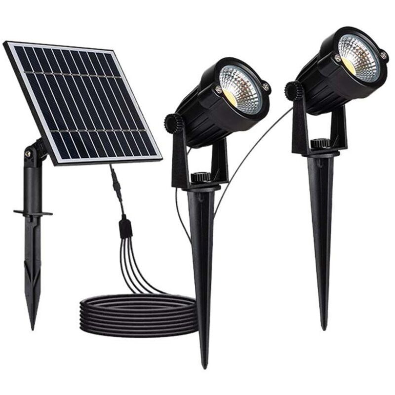 foto del prodotto 2 lampade led cob da giardino 2x1,2w ip65 da interramento con pannello solare colore nero