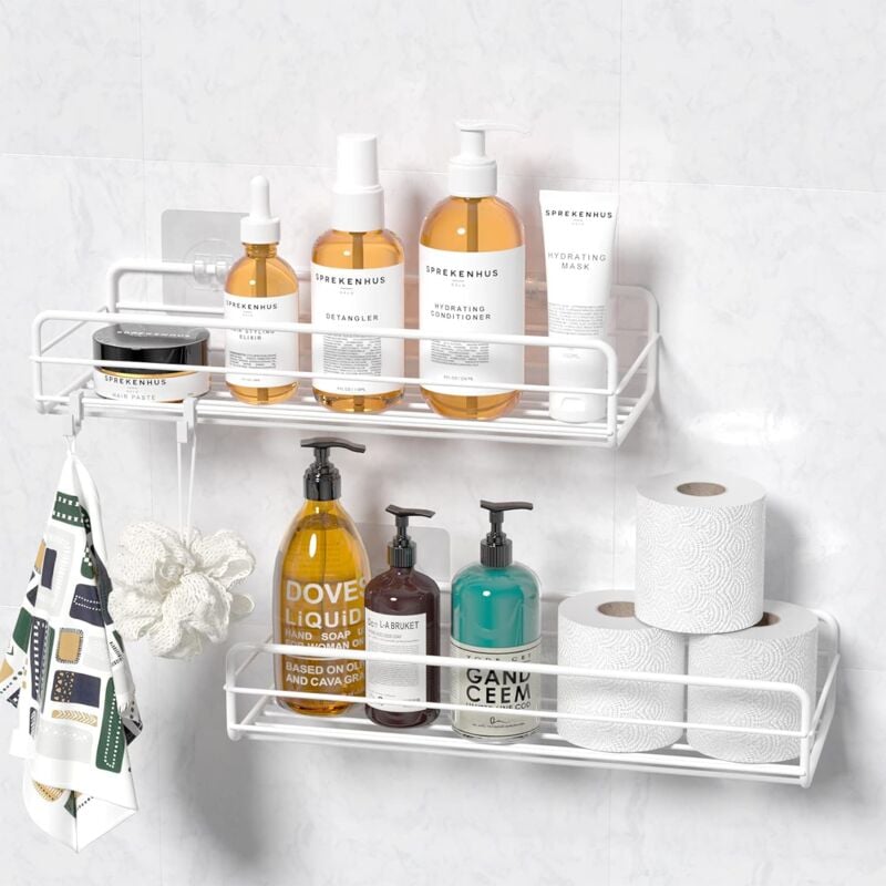 foto del prodotto 2 mensola doccia senza foratura, mensole da parete per bagno senza foratura, portaoggetti per doccia per shampoo e balsamo bianco