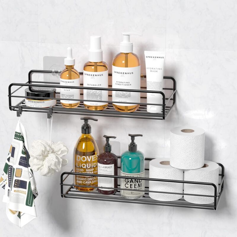 foto del prodotto 2 mensola doccia senza foratura, mensole da parete per bagno senza foratura, portaoggetti per doccia per shampoo e balsamo nero