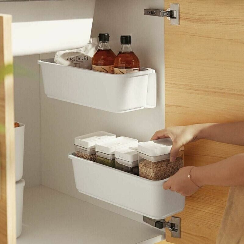 foto del prodotto 2 organizer per cestini per mobili da cucina, cassetti portaoggetti in plastica estraibili, organizer per mobili sottolavello, cassetto scorrevole