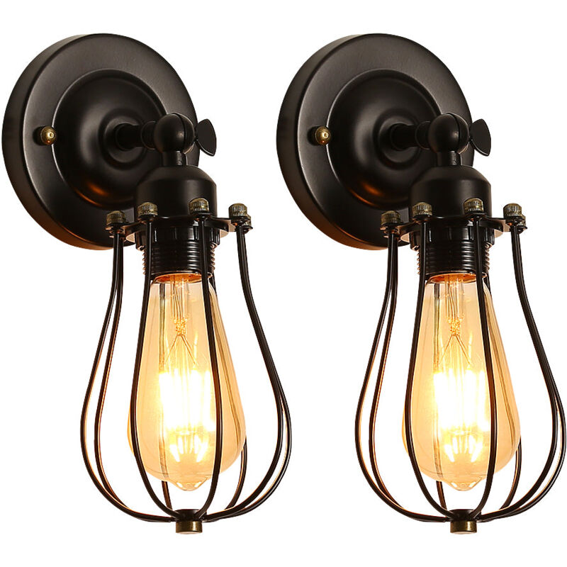 foto del prodotto 2 pack appliques vintage, e27 faretti da parete interno orientabili, lampada da parete a gabbia regolabile in metallo nero per camera da letto,