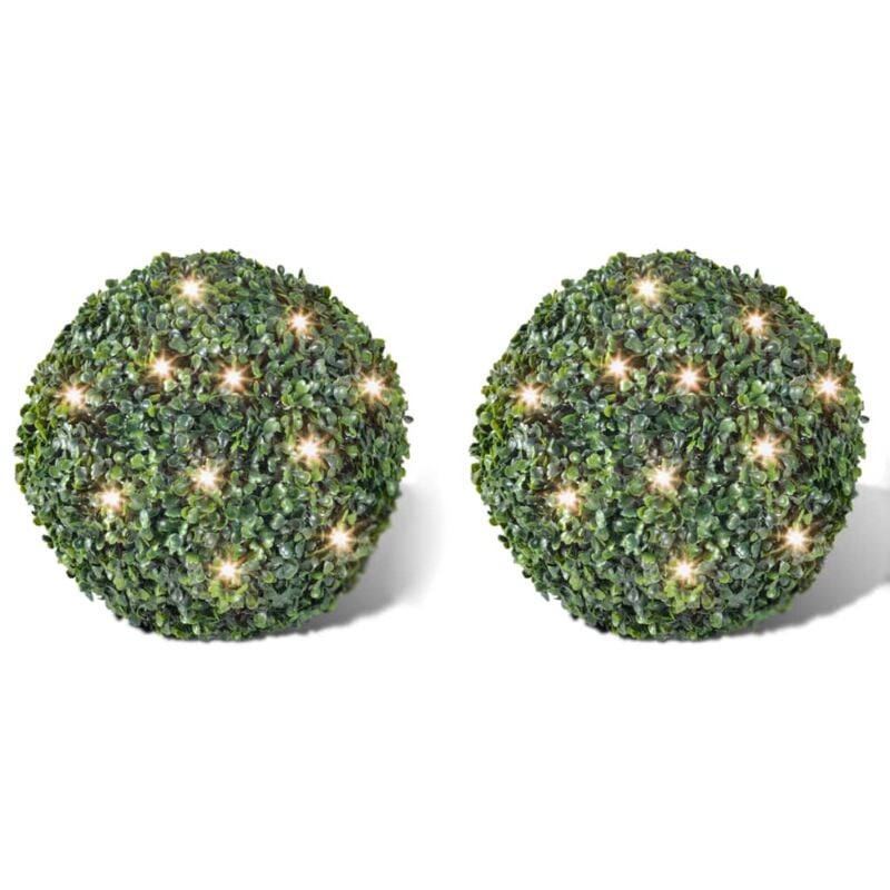 foto del prodotto 2 palle topiarie foglie artificiali in legno di bosso 27 cm led solare
