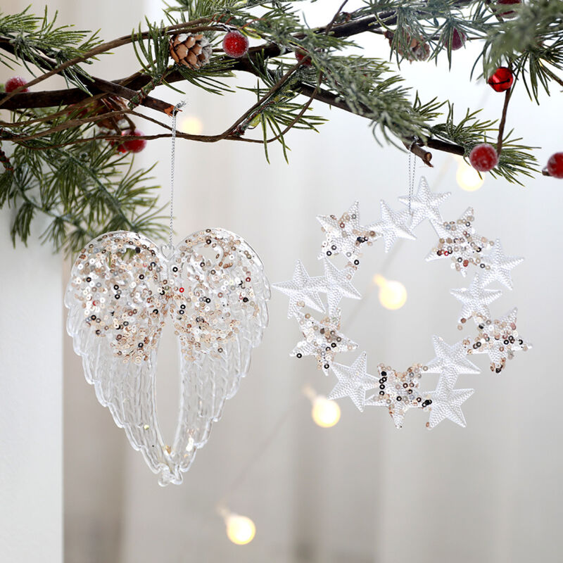 foto del prodotto 2 pendenti per decorazioni per alberi di natale, pendenti in acrilico glitterato, a forma di ghirlanda di stelle e ali, adatti per alberi di natale,