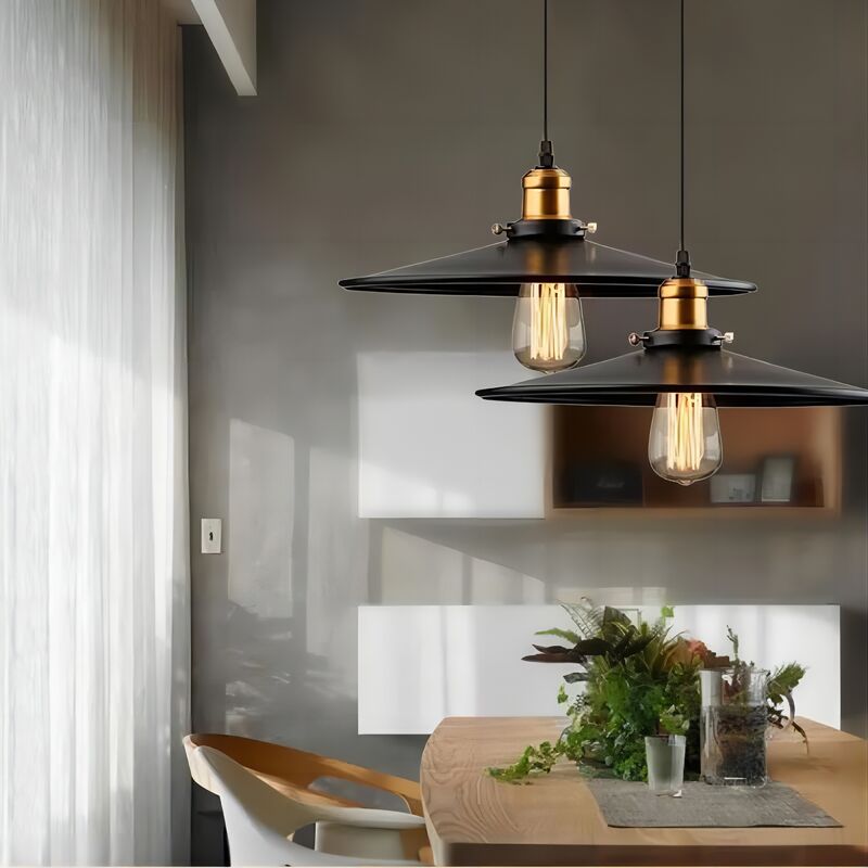 foto del prodotto 2 pezzi 36cm retr lampadario industriale e27 nero lampada a sospensione forma di cappello fatto di ferro per cucina isaland camera da letto
