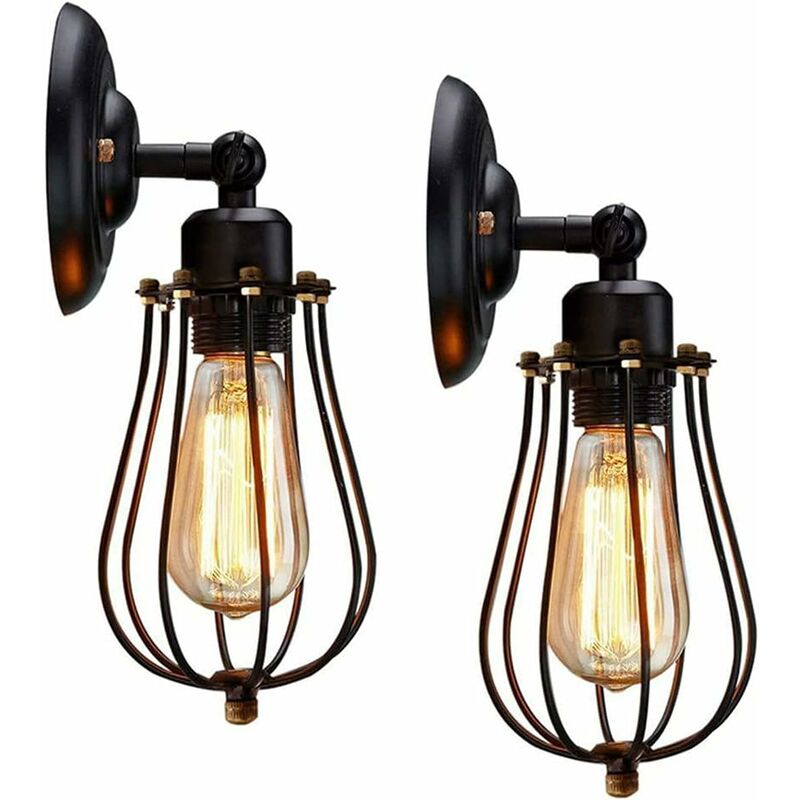 foto del prodotto 2 pezzi applique da parete industriale, applique da parete in metallo retr regolabile lampada da parete con gabbia ombra nera e27, lampada da
