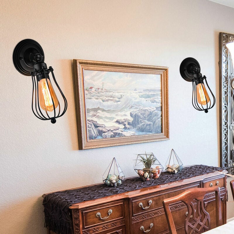 foto del prodotto 2 pezzi applique interno, vintage industriale lampada da parete in ferro, illuminazione e27 40w per camera da letto cucina corridoio nero