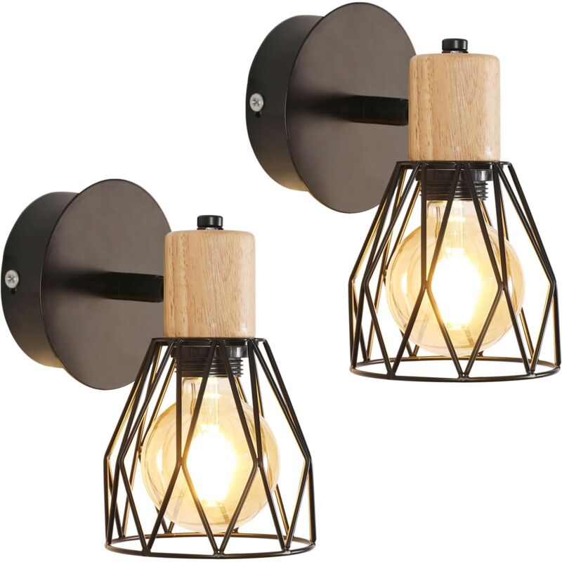 foto del prodotto 2 pezzi applique per interni in legno retro lampada da parete base e27 per camere da letto, soggiorni, corridoi e disimpegni nero lampadina non