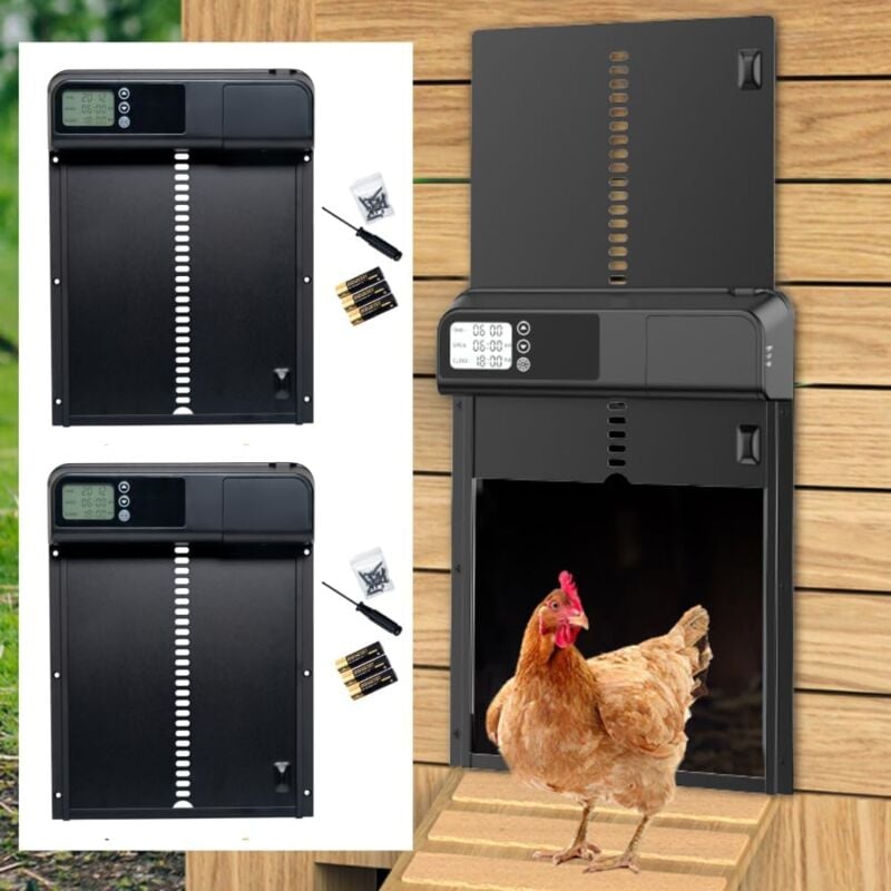 foto del prodotto 2 pezzi apriporta automatico per pollaio con timer display lcd in alluminio nero, funzione anti pizzicamento e design impermeabile alimentato da