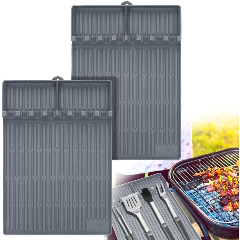 foto del prodotto 2 pezzi bbq grill mat 40 30 cm, utensili da barbecue compatibili con grill a gas, tappetino in silicone per spatola, tappetino per ripiani laterali