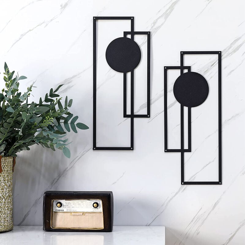 foto del prodotto 2 pezzi decorazione della parete di metallo decorazione di muro geometrici, nero murale arte astratta decorazioni verticali in metallo sculture