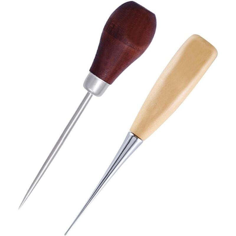 foto del prodotto 2 pezzi di macchina per cucire in pelle rotonda con manico in legno a forma di zucca, strumento per punzonatura fai da te in pelle, strumento per