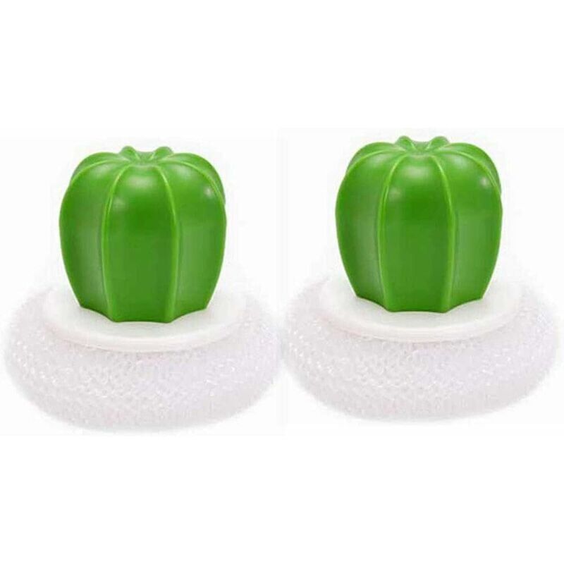 foto del prodotto 2 pezzi di spazzola da cucina creativa a forma di cactus, spazzola per lavare i piatti in acciaio inossidabile con manico in plastica bianca