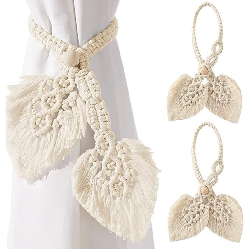 foto del prodotto 2 pezzi fascette per tende in cotone, fermatenda in corda bohemien, foglie di cotone macram clip per tende, beige fermatende decorative a forma di